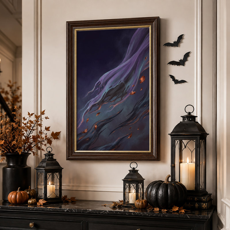 Rubans tourbillonnants violets et bleus avec toile murale marron d'Halloween, 24"H x 16"W