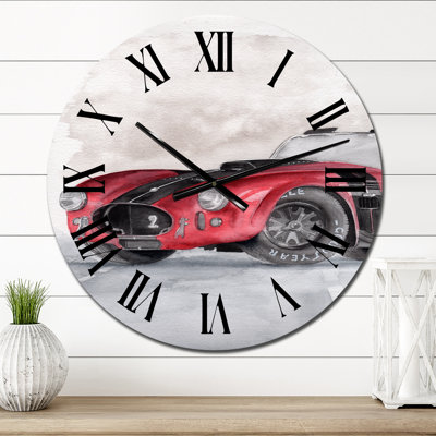Belle vieille voiture rouge sur fond gris - horloge murale industrielle
