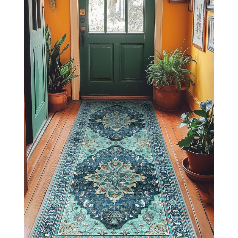 Floral Kitchen Rugs Washable Non-Slip, Runner 2' x 6', Teal