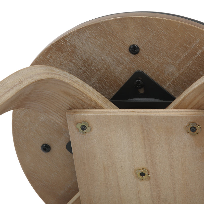 Hoxha Leather Round Dining Stool with Poplar Wood Legs and Swivel, Black/Washed Walnut