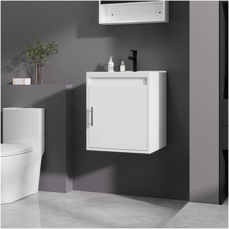 Meuble-lavabo 16 po avec lavabo en céramique et porte d'armoire à fermeture en douceur, fixation murale flottante, bonde escamotable, siphon inclus, blanc (sans robinet)