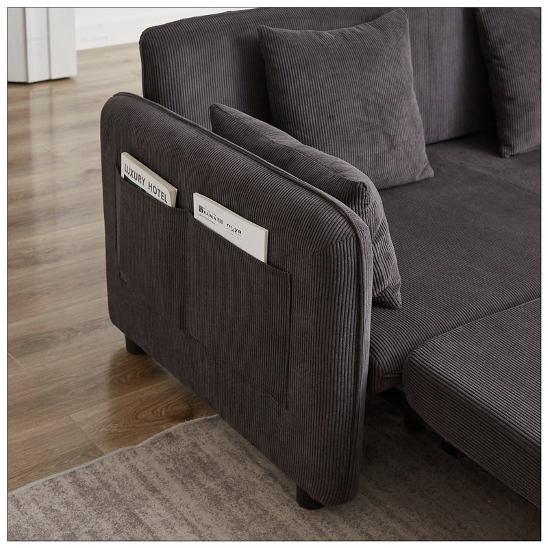 Canapé-lit ajustable de 66 pouces avec 4 tiroirs, 4 coussins, poches latérales, velours côtelé doux, parfait pour le salon et les petits espaces