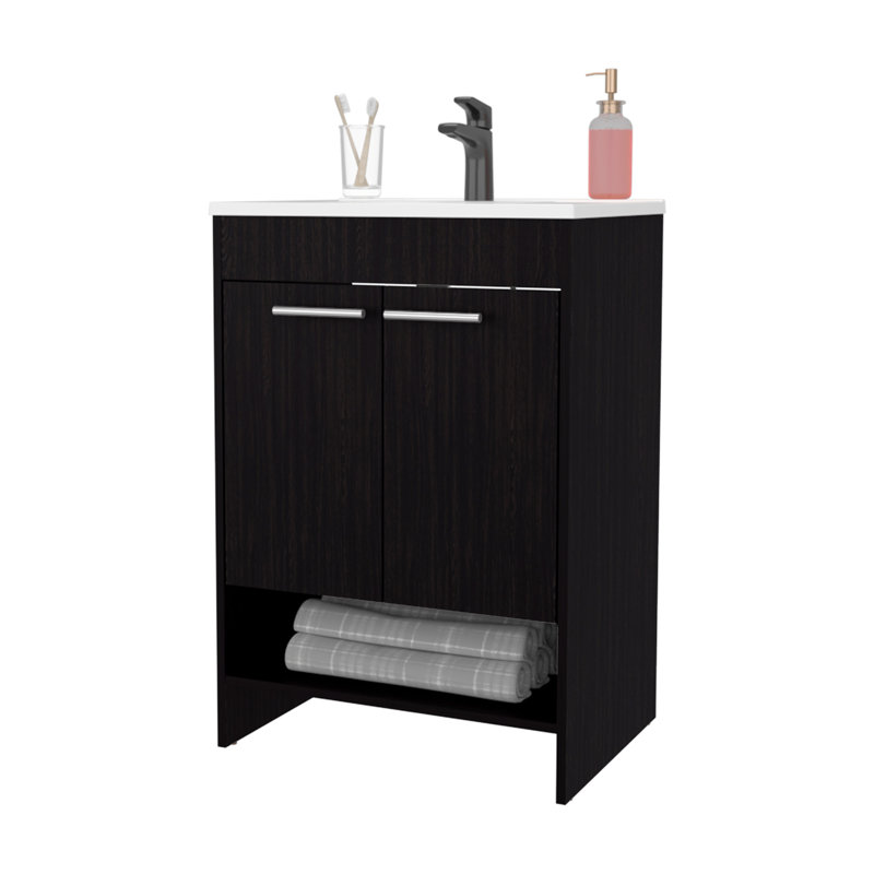 Meuble-lavabo Shell avec 2 portes et rangement ouvert, wengé