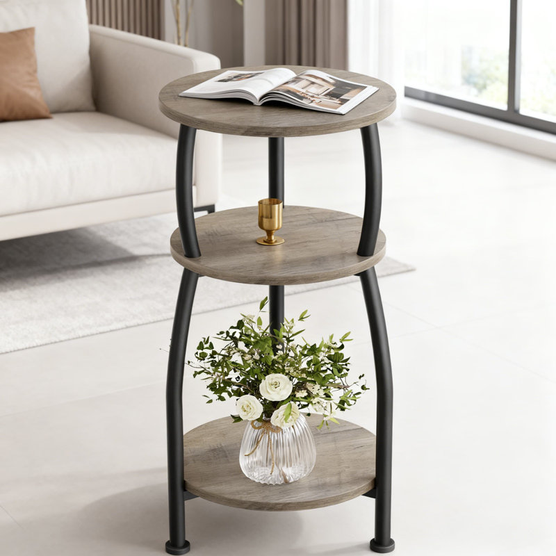 Table d'appoint ronde à 3 niveaux avec tablette de rangement, table de bout mince et table de chevet pour les petits espaces, structure en métal robuste d'aspect bois, facile à assembler pour le salon et la chambre à coucher