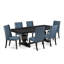 Cet ensemble de salle à manger 7 pièces se compose d'une table de petit-déjeuner et de 6 chaises de salle à manger en tissu de lin bleu minéral avec dossier rembourré au fini noir sablé.-2099211666-2099211664-2094268626