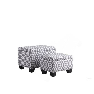 17" Tall Storage Ottoman With Additional Storage Seating, Gray And White Diamond