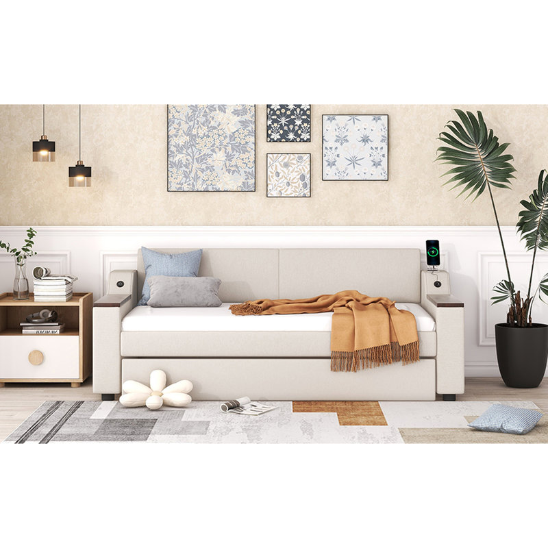 Lit de jour simple beige avec longue durée de vie et rangement