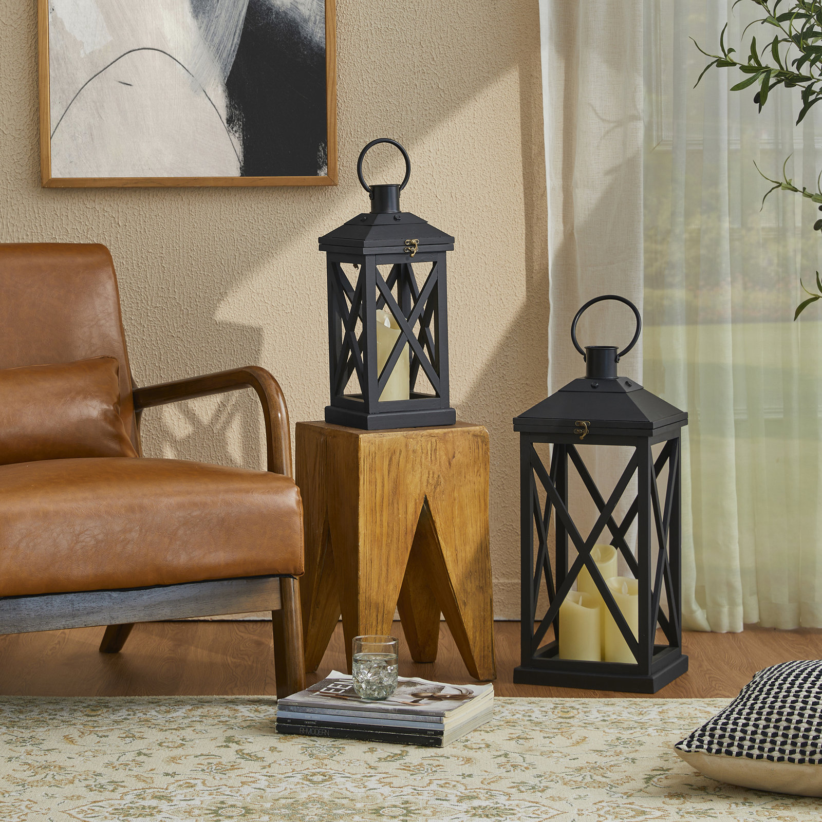 Wood Metal Lantern Candle Holder, Black