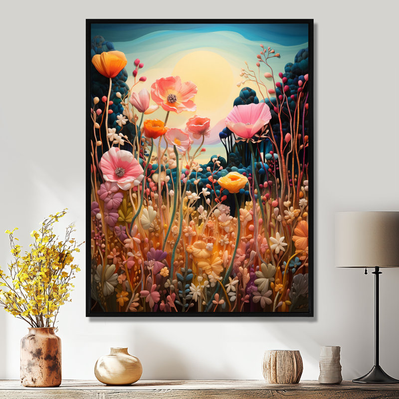 «Vibrant Wildflowers Lake Sunset», art mural lac, Toile noire avec cadre flottant, H 20 po x l 12 po