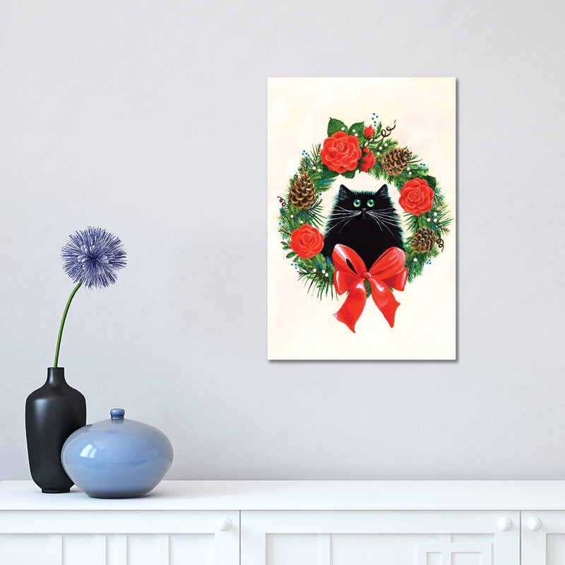 Black Cat In Rose Wreath by Kim Haskins - Print on Canvas, Wrapped Canvas, 30.48 cm H x 45.72 cm W