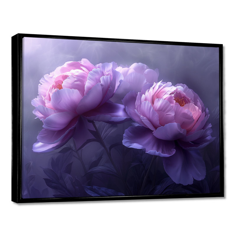 Mauve et gris pivoines de luxe I - pivoines, impression d'art mural, Cadre noir, H 16 po x l 32 po