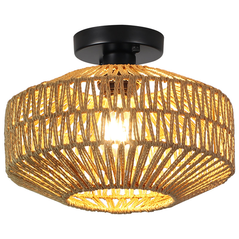 Zendaya   1- Light 11.81" Bohemian Dimmable Hand-woven Paper Rattan Lampshade Semi Flush Mount Ceiling Light for Hallways Storage Rooms Walk-in Closets