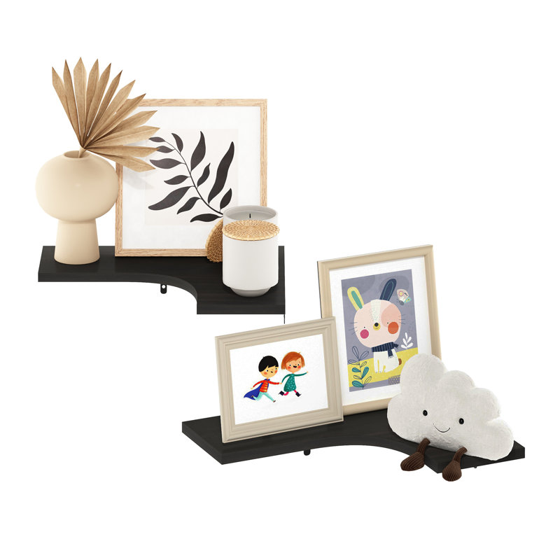 Ebern Designs Authement Wall Mounted Corner L-Shape Floating Display Shelves, Pine Oak, Set Of 2, Dark Espresso