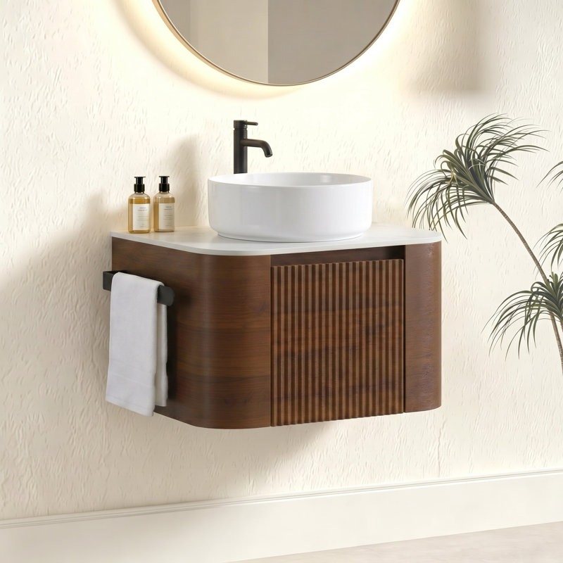 Meuble-lavabo Erba de 24 po avec lavabo, armoire murale en noyer avec porte-serviettes gratuit, lavabo simple en céramique blanche, sans drain et robinet, pré-assemblé