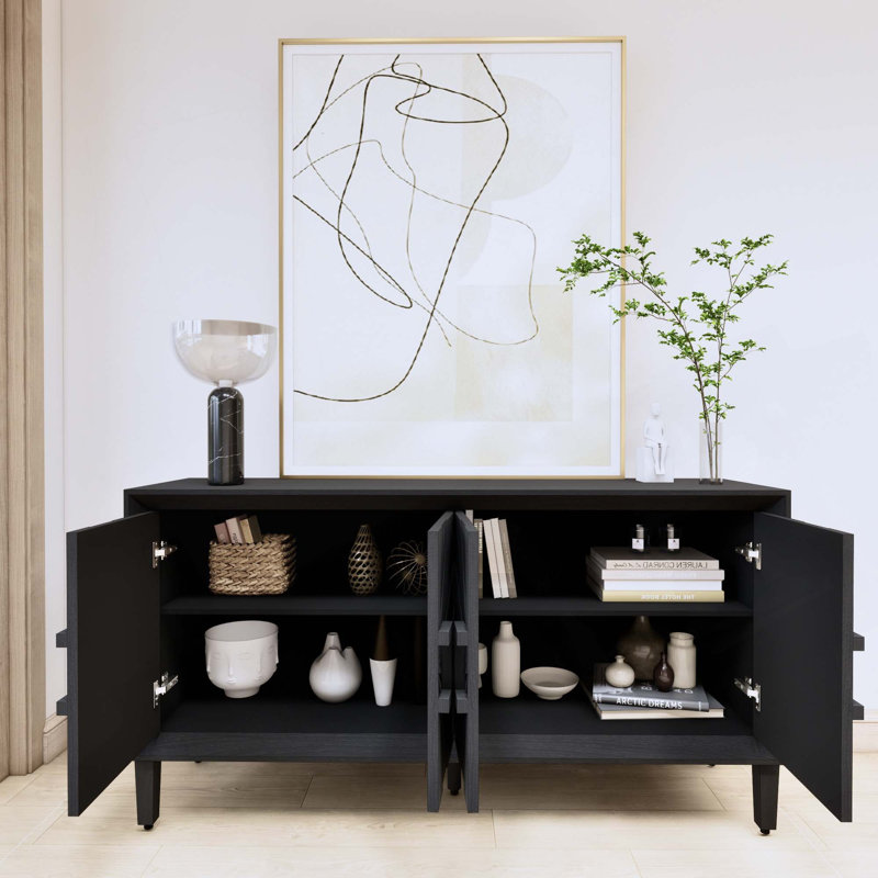 60" Rustic American Farmhouse Credenza - Symmetrical Sunburst Door Design, Heavy-Duty TV Stand with Adjustable Shelves, Black