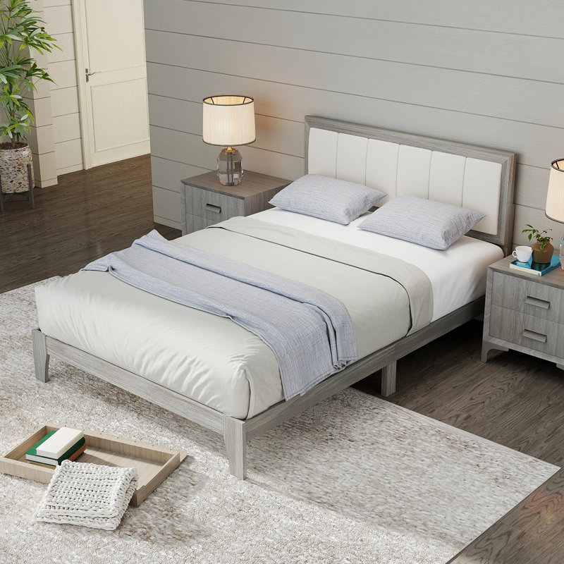 Structure de lit double avec tête de lit, lit plateforme double avec lattes en bois, aucun sommier requis, assemblage facile, finition gris moderne Mid-Century