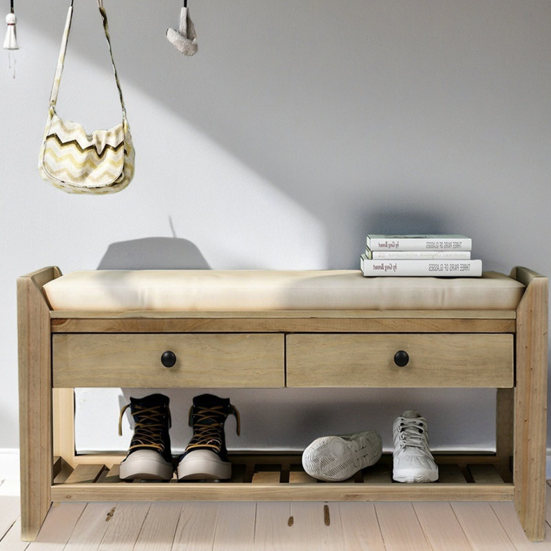 Banc de rangement polyvalent pour chaussures avec siège rembourré et tiroirs, Gris délavé