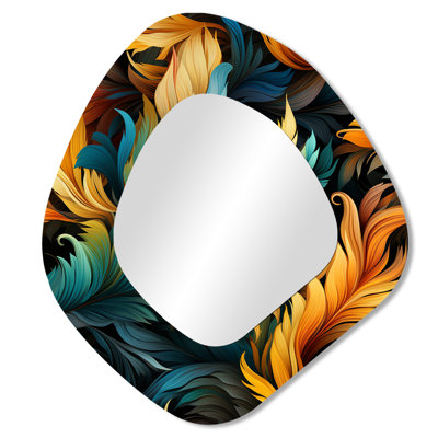 Orange et sarcelle plume Avian Elegance - miroir mural asymétrique imprimé animal, miroir décoratif de forme unique orange, impression d'art en métal