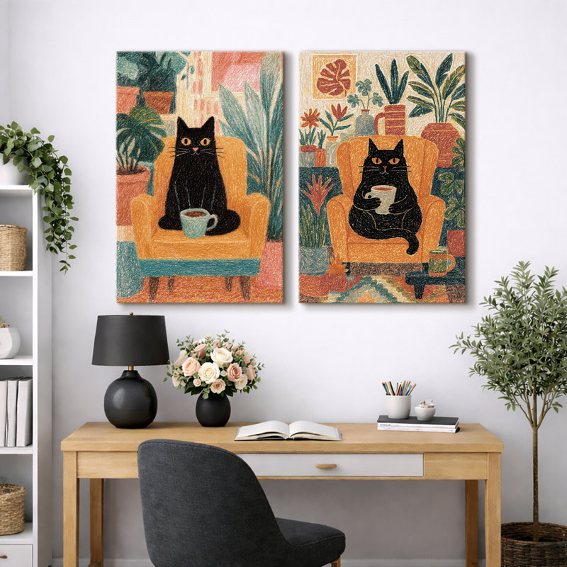 Cozy Black Cat, scène de café, images de salon, impression sur toile encadrée, 2 pièces, H 36 po x l 48 po, Toile tendue