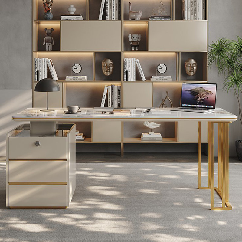 Bureau rectangulaire blanc et doré, Orienté à gauche (vu de face), H 29,53 po x l 62,99 po x P 27,56 po