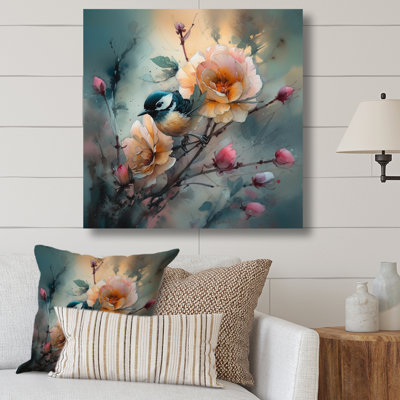 «Blue Little Bird On Rose Tree Banch I», reproduction d'art sur toile