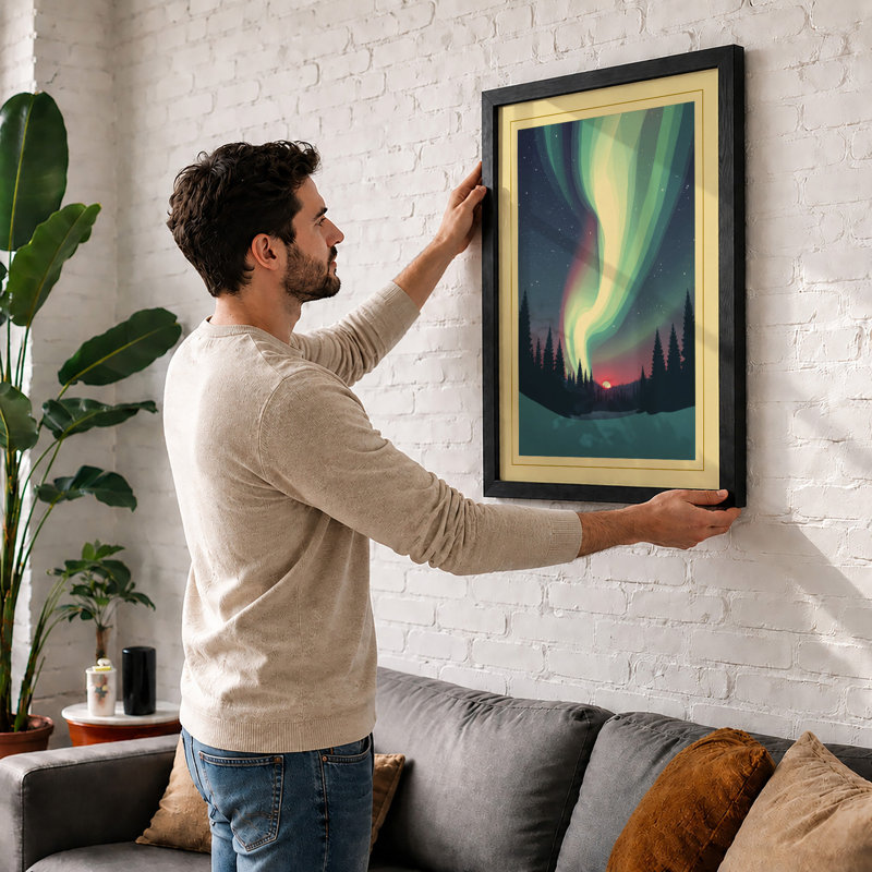 Aurora Over Silent Forest Scandinavian - Framed Print, A3 - 42.0 x 29.7 cm, Oak