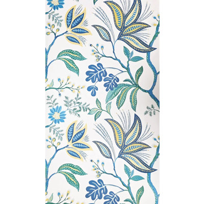 Floral Kew Multi Leaf Vine Leaves Botanical Blue Green Yellow White Wallpaper 3d