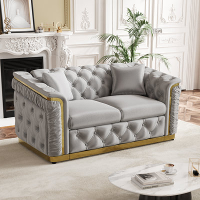 63" Luxury Chesterfield Velvet Loveseat With Gold Accent Arms
