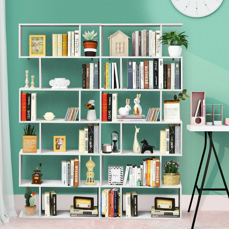 75''H X 31.5''W 2 PCS 6 Tier S-Shaped Bookshelf Storage Display Bookcase Decor Z-Shelf, White