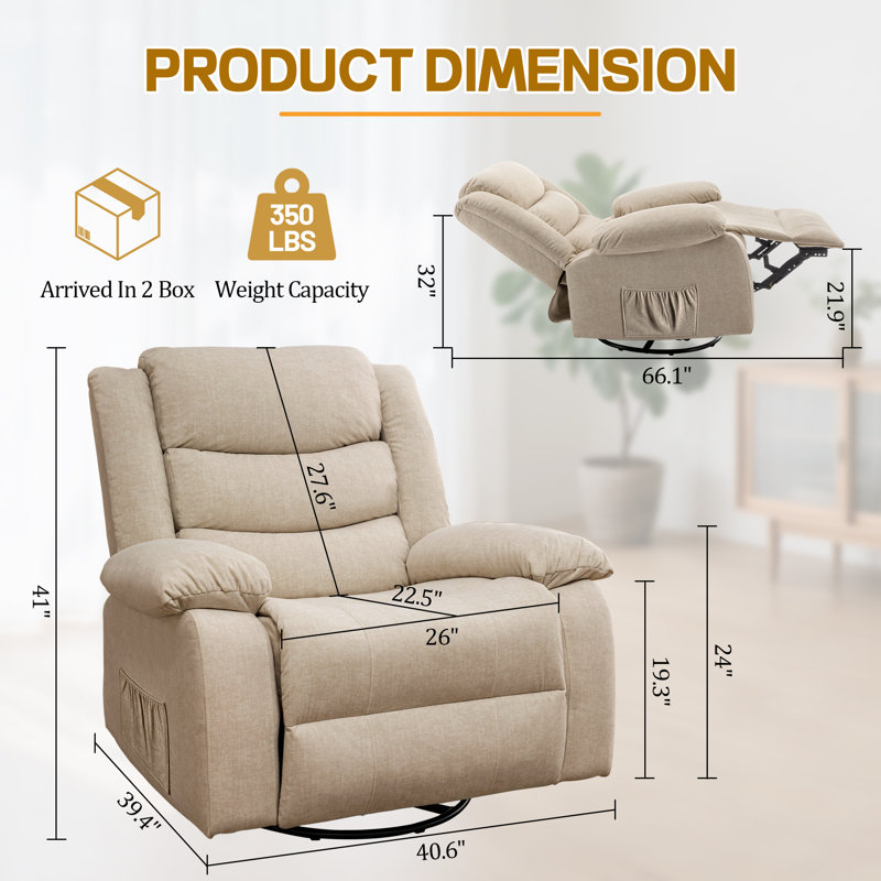 KORSER Recliner Chair With Heat And Massage,Oversized Recliner, 360°Swivel Manual Recliners For Living Room, Rocker Recliner With Side Pockets