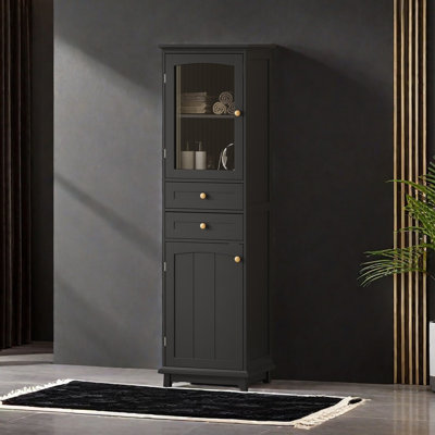 63" Tall Bathroom Storage Cabinet With Glass Doors, Free-Standing, Two Drawers, And Adjustable Shelves, MDF Board