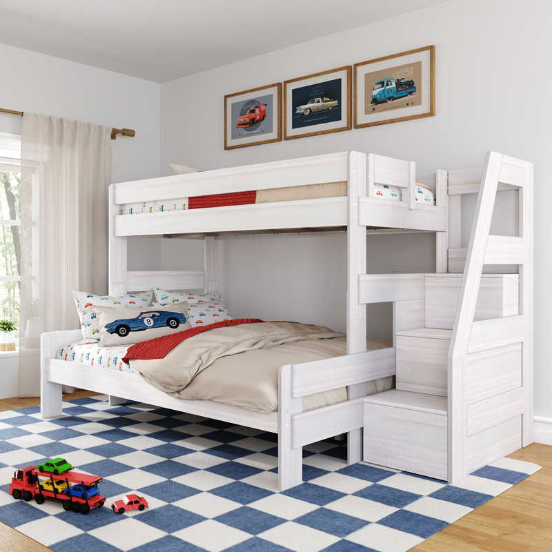 Modern Farmhouse Bunk Bed With Staircase, Twin XL Over Queen, White Wash