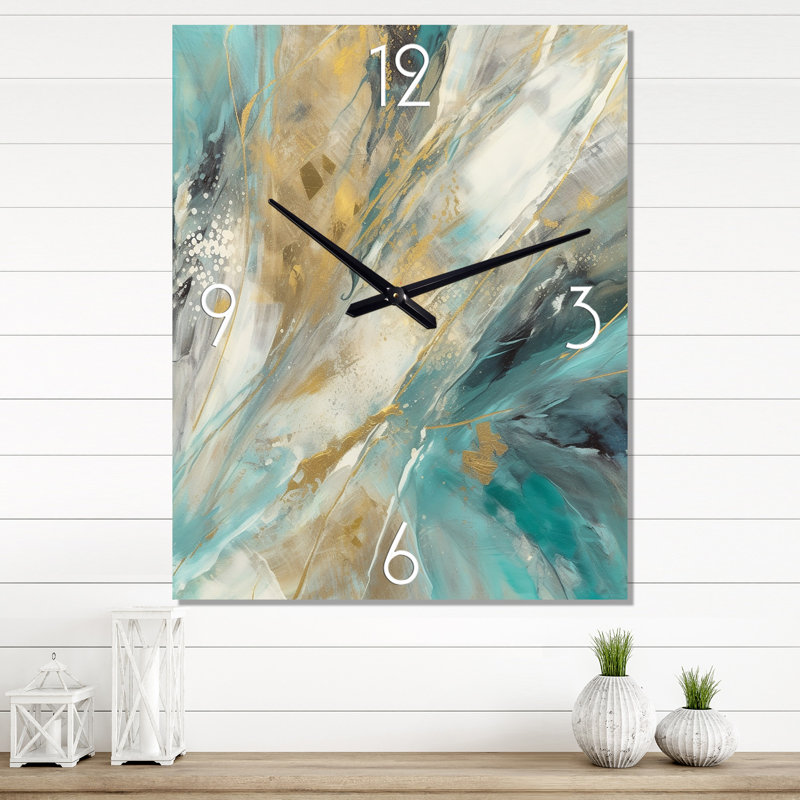 Horloge murale abstraite Golden Hour In Turquoise Waves IV, H 32 po x l 24 po x P 1 po