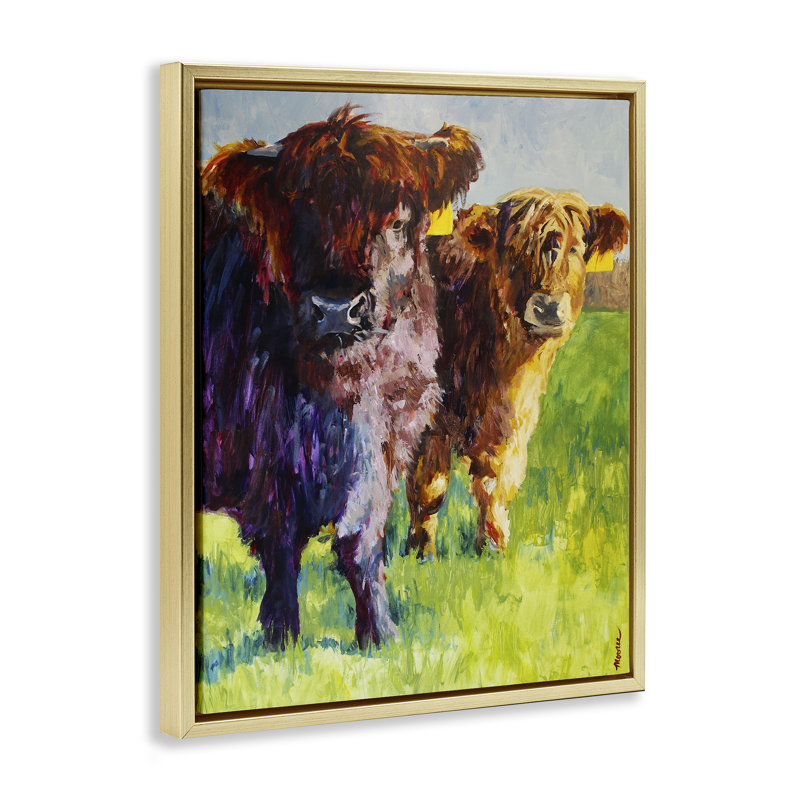 "Traditional Cattles", peinture encadrée sur toile flottante par Mary Moores, Cadre flottant métallique doré