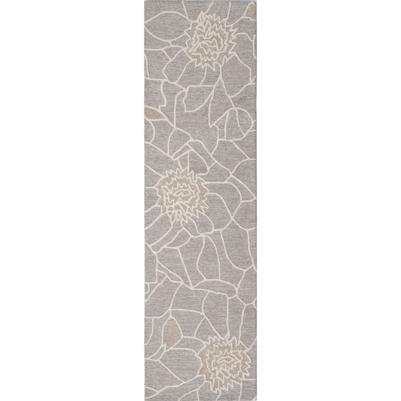 Corolla Floral Handmade Tufted Wool Natural/White Area Rug, Runner 2'3" x 8'