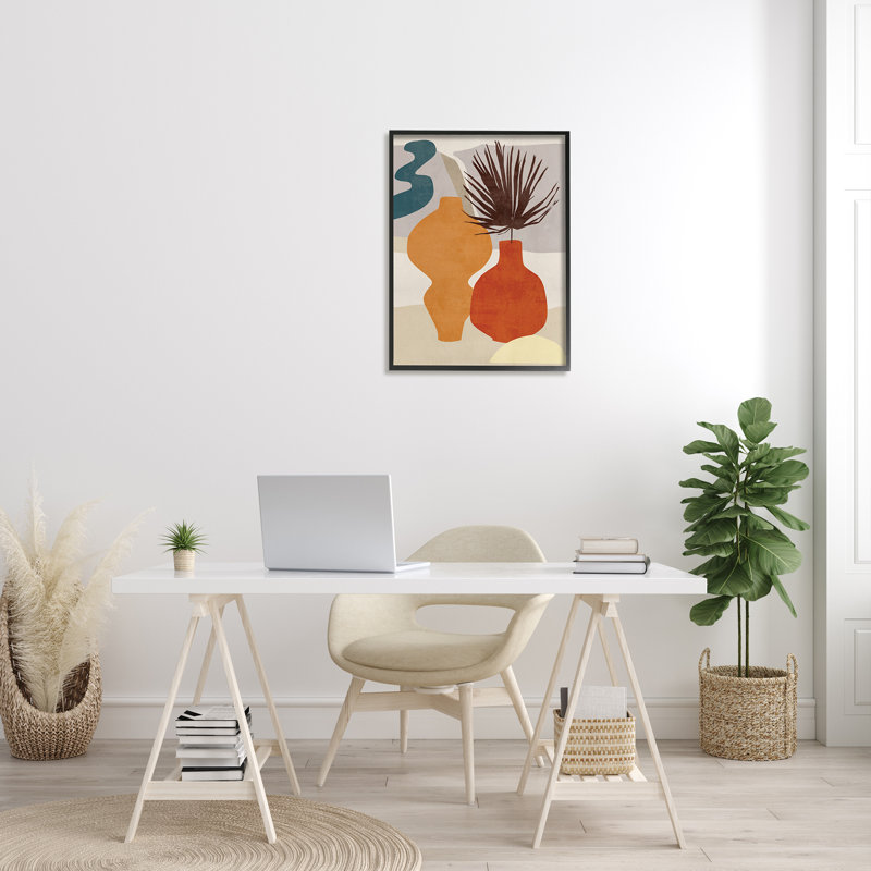 Vases rétro décorés de tons de terre abstraits, H 30 po x l 24 po, Giclée encadrée noir minuit