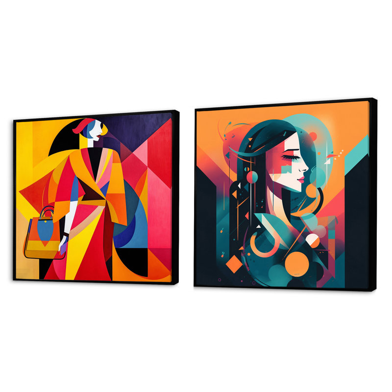 Portrait féminin art déco féminin, Cadre flottant noir, H 16 po x l 33 po
