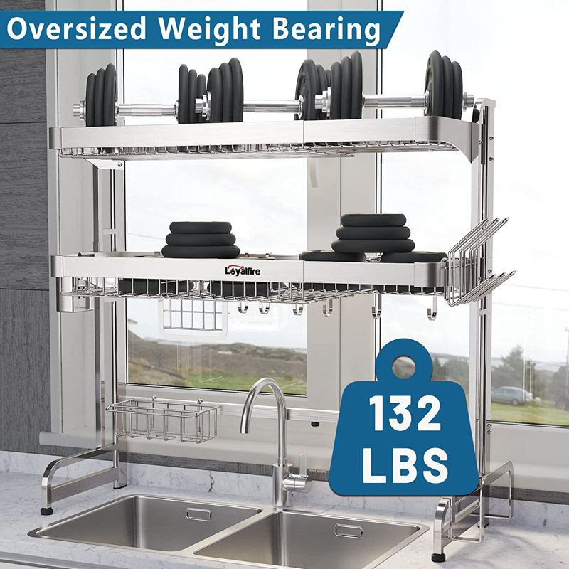 Adjustable Stainless Steel Over Sink Dish Drying Rack with Utensil Cup