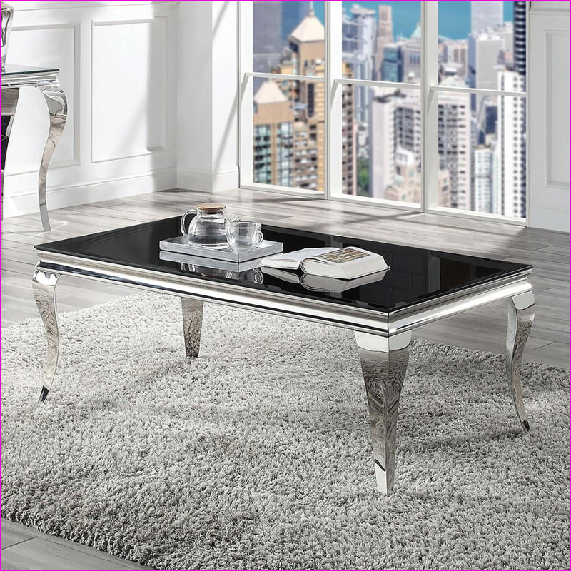 Table basse en acier inoxydable noir avec plateau en verre noir pour le salon, pieds en cabriole intemporels, facile à nettoyer