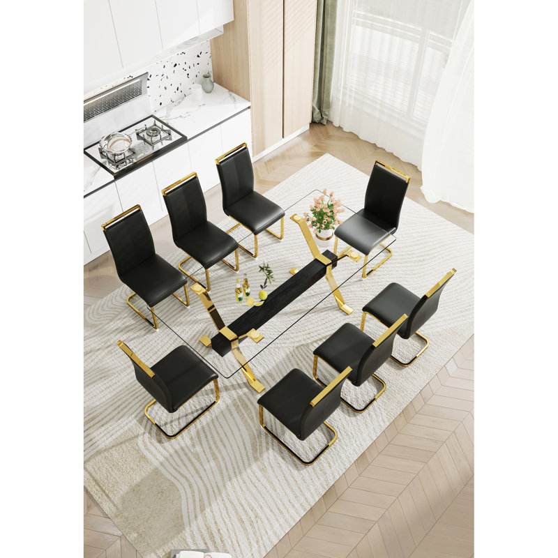 Table de bureau en verre trempé avec barre transversale et pieds en métal doré pour le soutien au travail moderne
