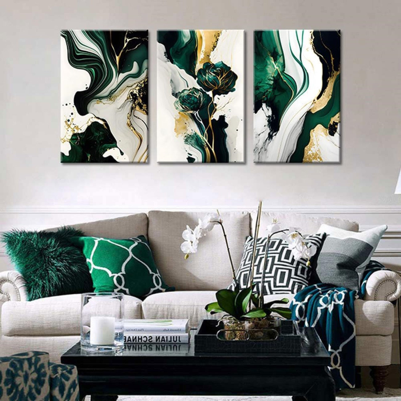 Mercer41 3Pcs Framed Emerald Green Wall Art Modern Green And Gold Abstract Marble Canvas Wall ...