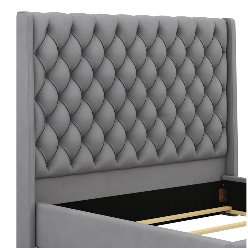 Upholstered Bed Frame With 67.5" Tall Headboard Wingback Platform Bed Tufted Deep Button Velvet, King