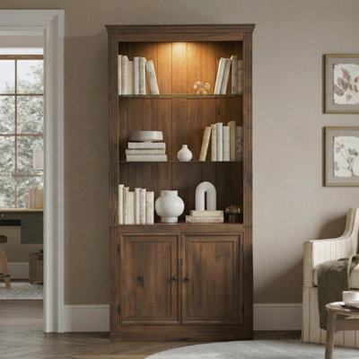 78.75''H 4-Tier Display Shelf, with LED Ceiling Warm Light, Freestanding Farmhouse Bookcases with Storage & Doors, Bookshelf with Adjustable Glass Shelves for Home & Office - Brown