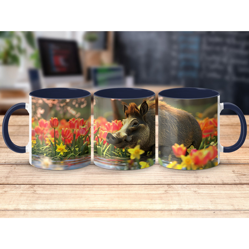 Set of 3 Realistic Animal Design 11oz Accent Mugs – Ceramic Coffee Cups with a Navy Handle and Interior