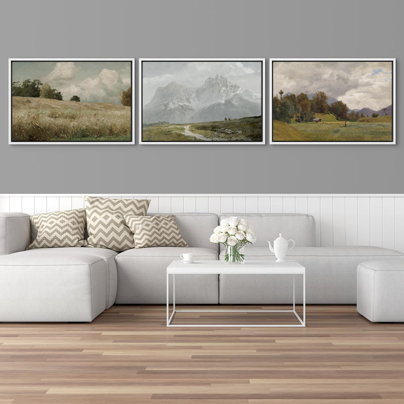 Paysage rustique, matin, ciel nuageux, nature, paysage, paysage sauvage, illustrations - 3 pièces, Cadre blanc