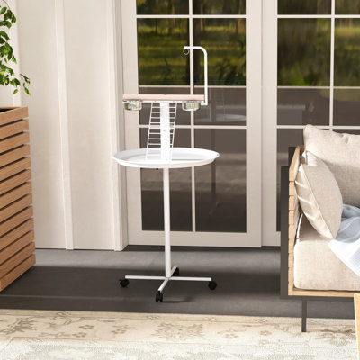 Parrot Play Stand, White - With Rolling Wheels For Smooth Bonding Time, Perches Recreation And Interaction, Stainless Steel Feed Dishes, Round Tray Bird Color Wheels, Perches, Feeders, Joy