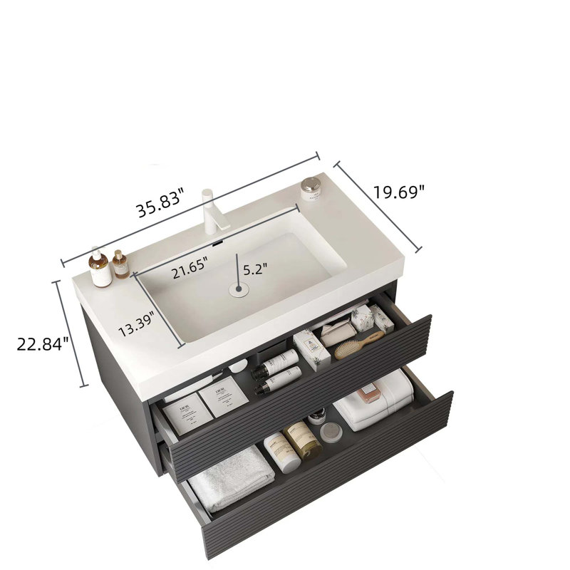 Meuble-lavabo de salle de bain avec lavabo encastré, armoire de rangement murale moderne rayée en contreplaqué flottant avec 2 tiroirs, lavabo rectangulaire sans robinet