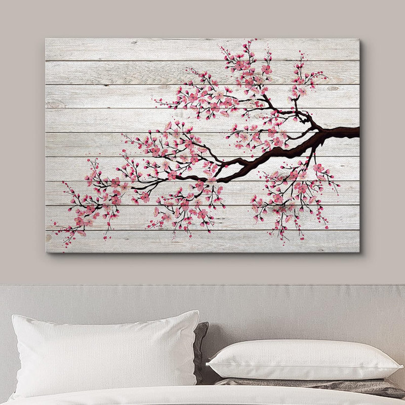 Illustration d'une branche de cerisier en fleurs sur des panneaux à effet de bois, art sur toile, Toile tendue
