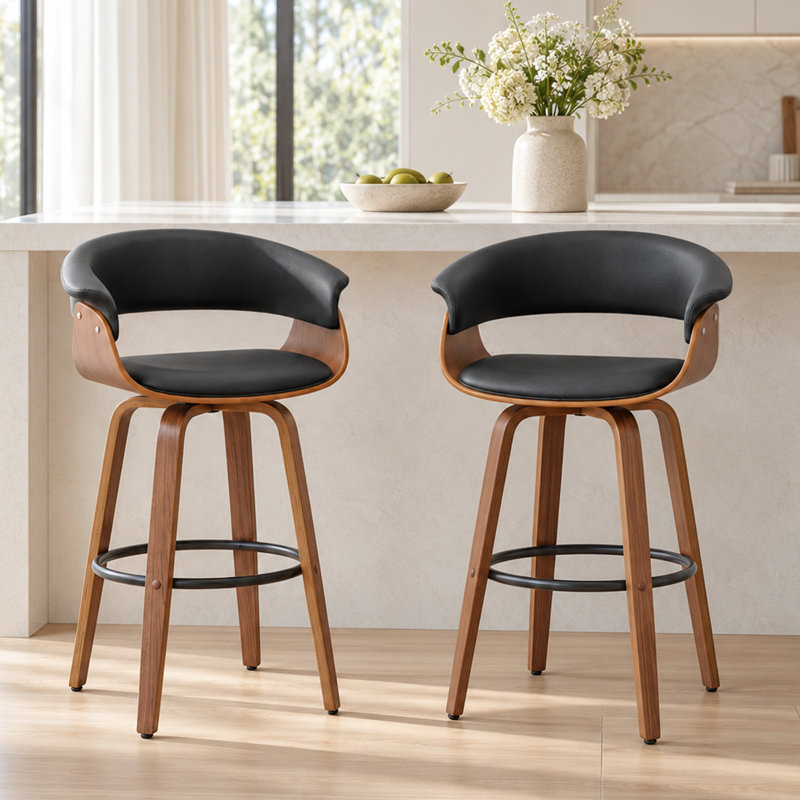 Devlin Faux Leather Upholstered Swivel Mid-Century Stools, Black, Counter Stool (25” Seat Height)