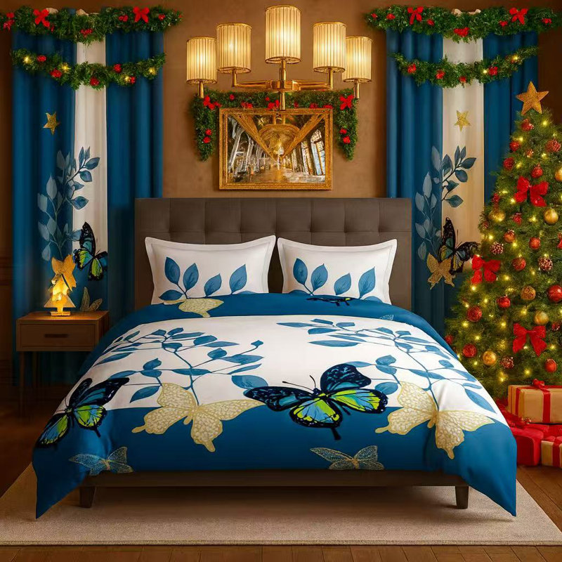 Butterfly Pattern Bedspread Set with Matching Curtains, Queen, Blue, Queen Bedspread + 8 Additional Pieces